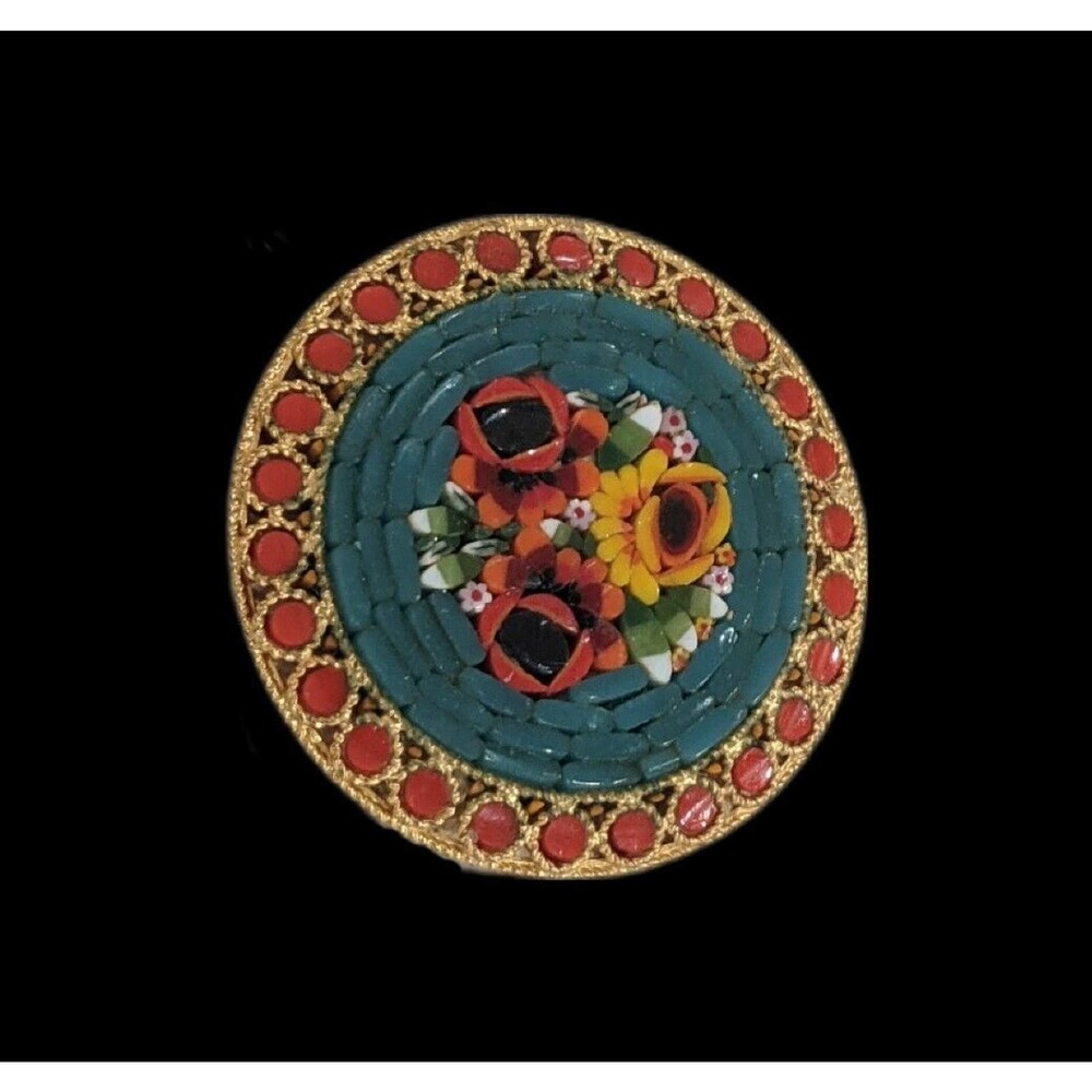 Antique Italy Micro Mossaic Round Floral Flower Gold Tone Brooch Pin